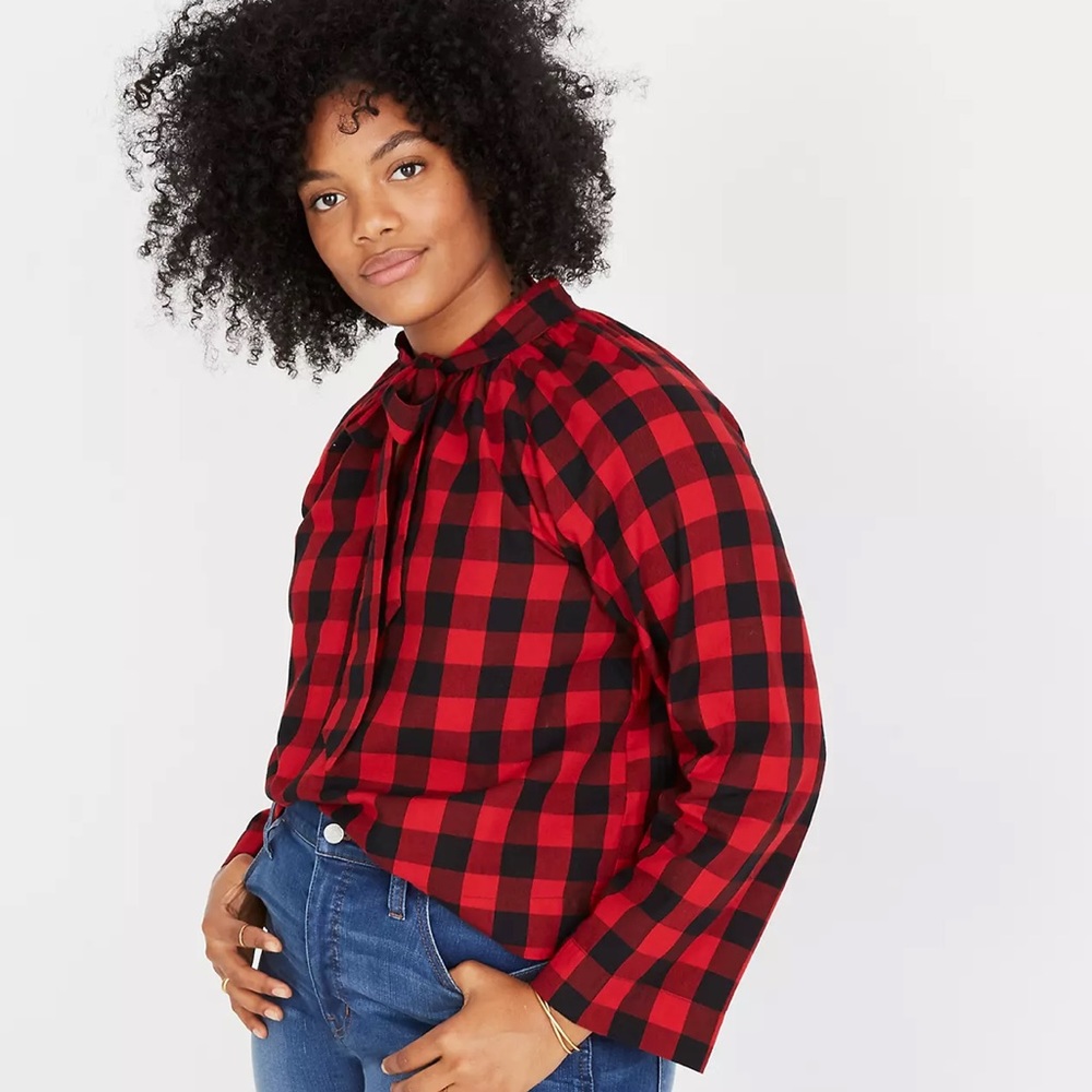 Madewell Tie-Neck Popover Shirt In Buffalo Check
